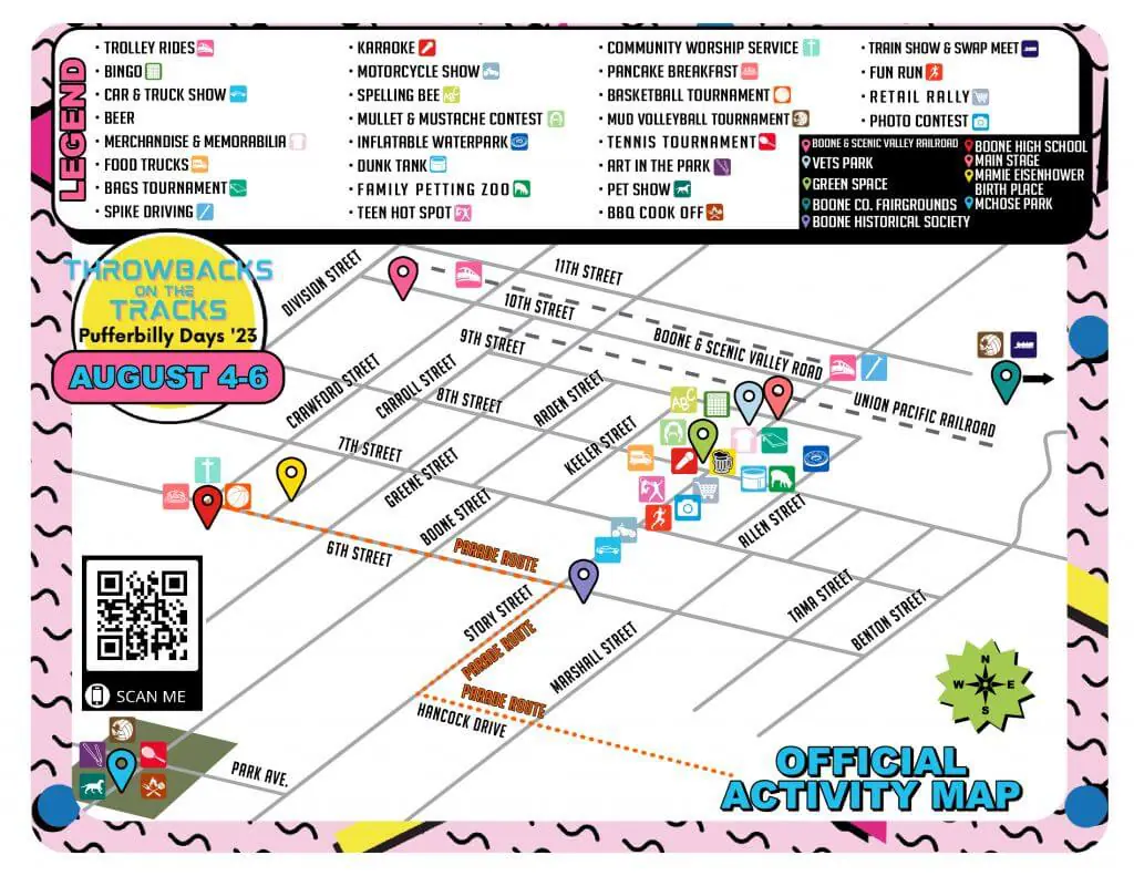 Activity map showing Downtown Boone a variety of locations and activities.