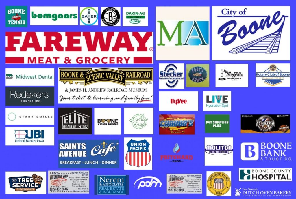 A graphic showing 44 different logos of local companies that sponsored Pufferbilly Days in 2023