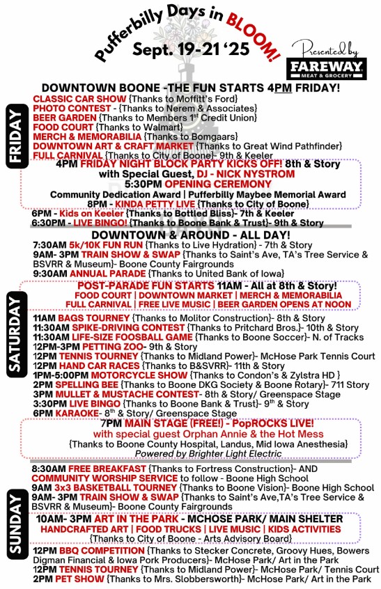 The 2025 Pufferbilly Days festival flyer, listing the weekend's events