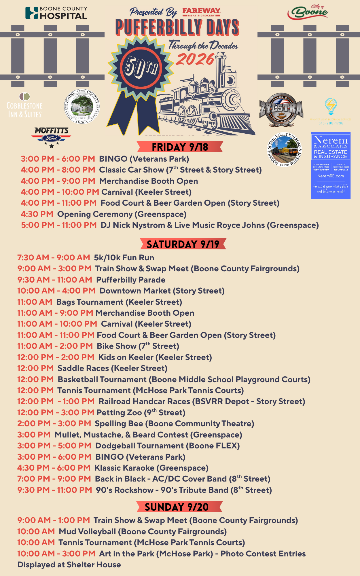 The Pufferbilly Days 2026 festival flyer, listing the weekend's events
